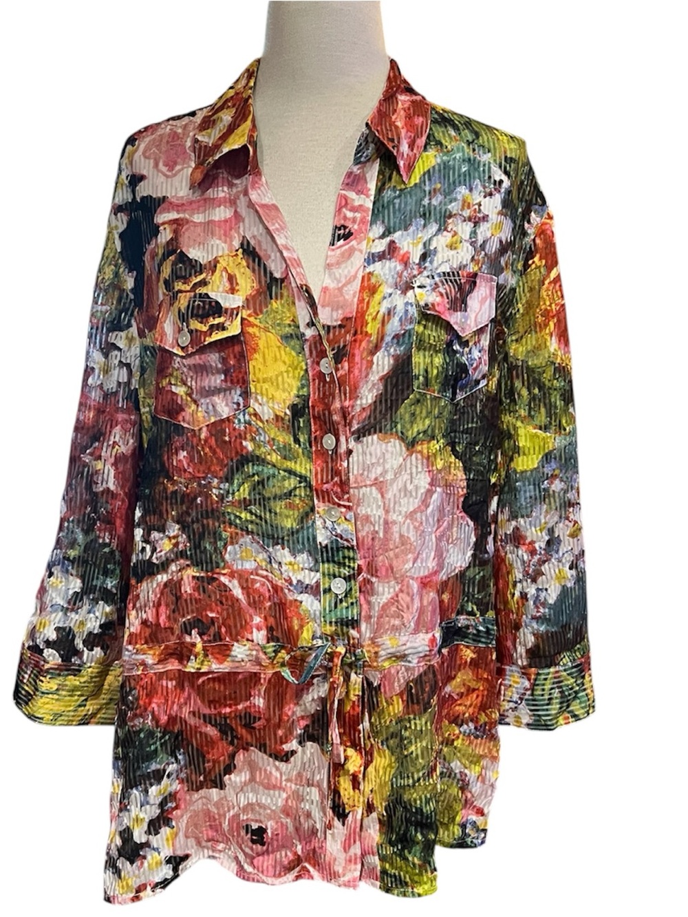 Chico's multicolored floral print button-down silk blend blouse 3